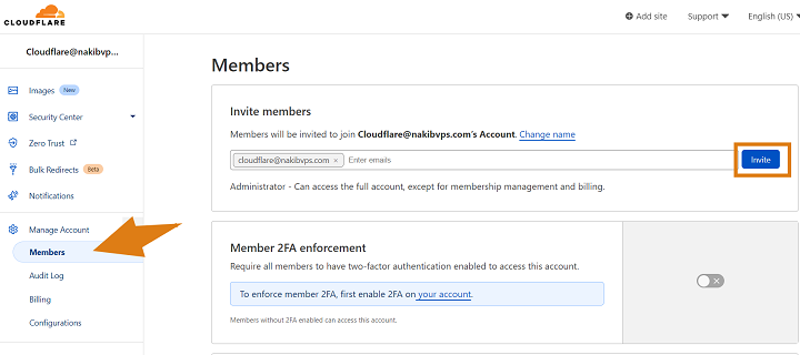 قم بدعوة الأعضاء إلى حساب Cloudflare